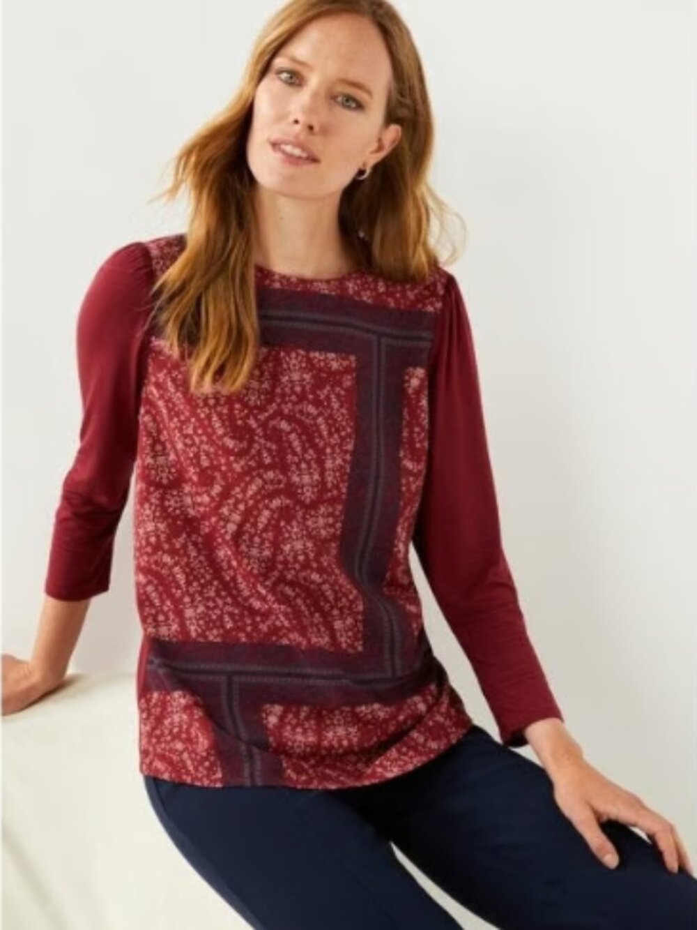 C. Wonder Women's Long Puff Sleeve Mixed Media Blouse